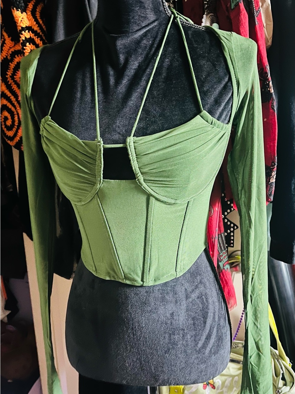 Fashion Nova Olive Green Long-Sleeve Corset Crop Top